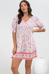 Brissa Mini Dress - V-Neck Shirred Bodice Balloon Sleeve Dress in Scarlette Print
