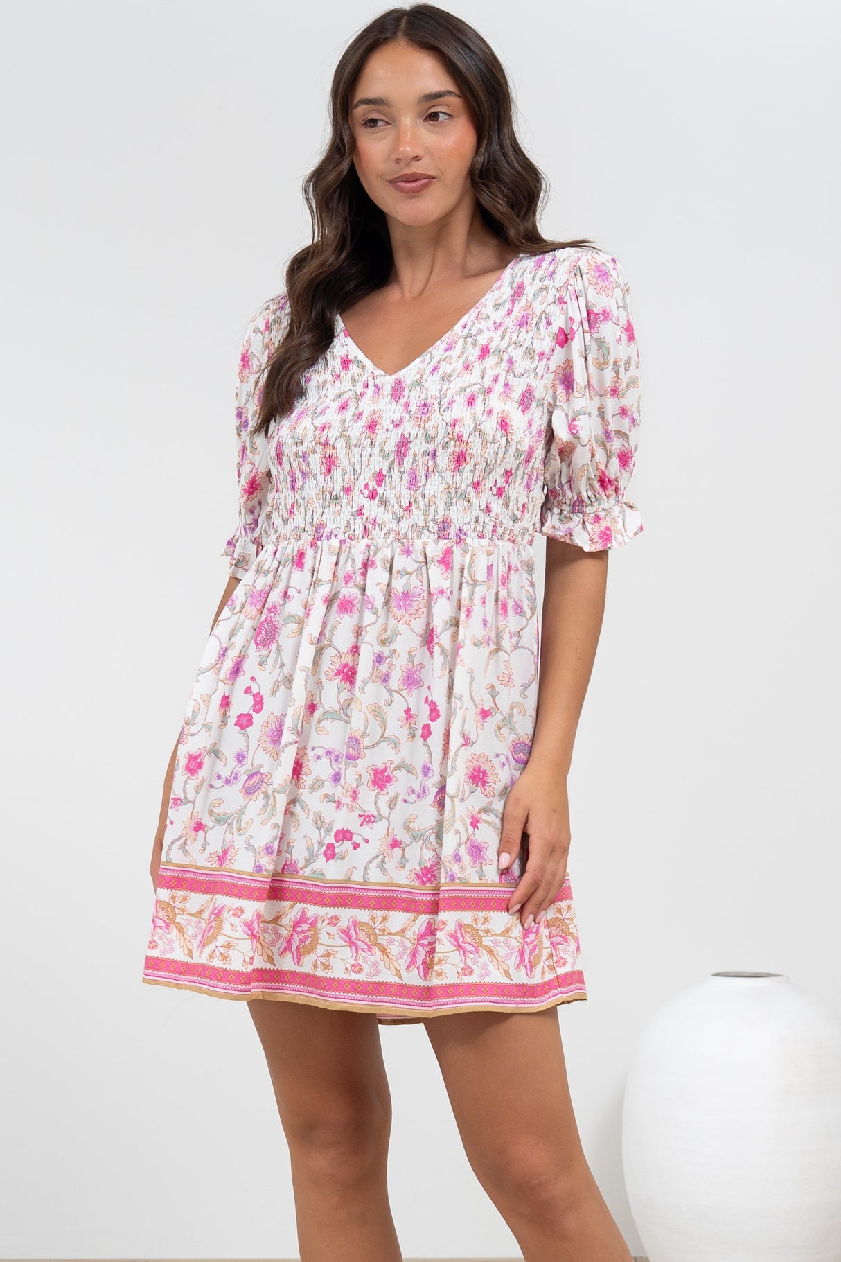 Brissa Mini Dress - V-Neck Shirred Bodice Balloon Sleeve Dress in Scarlette Print