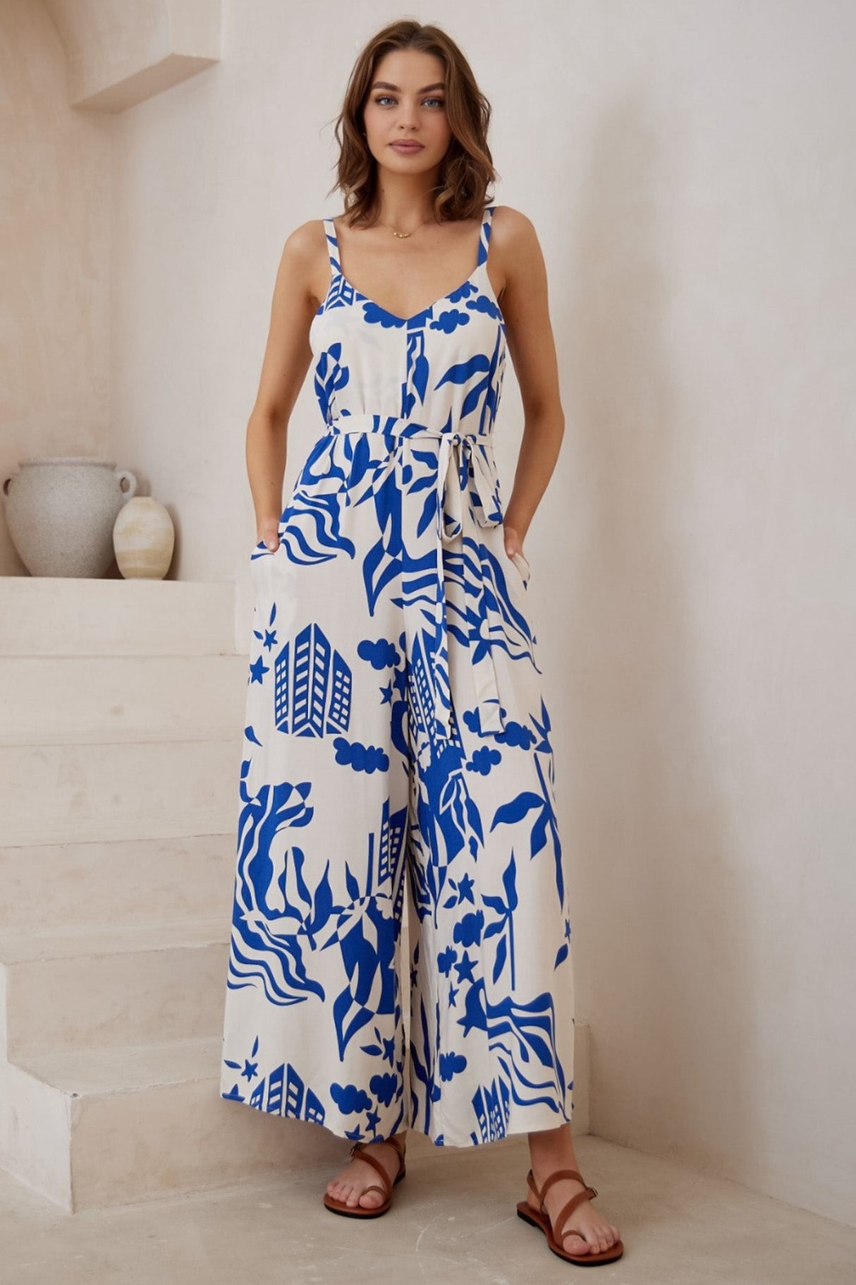 Brittany Jumpsuit - Adjustable Strap Overalls in Salt Lake Print Blue