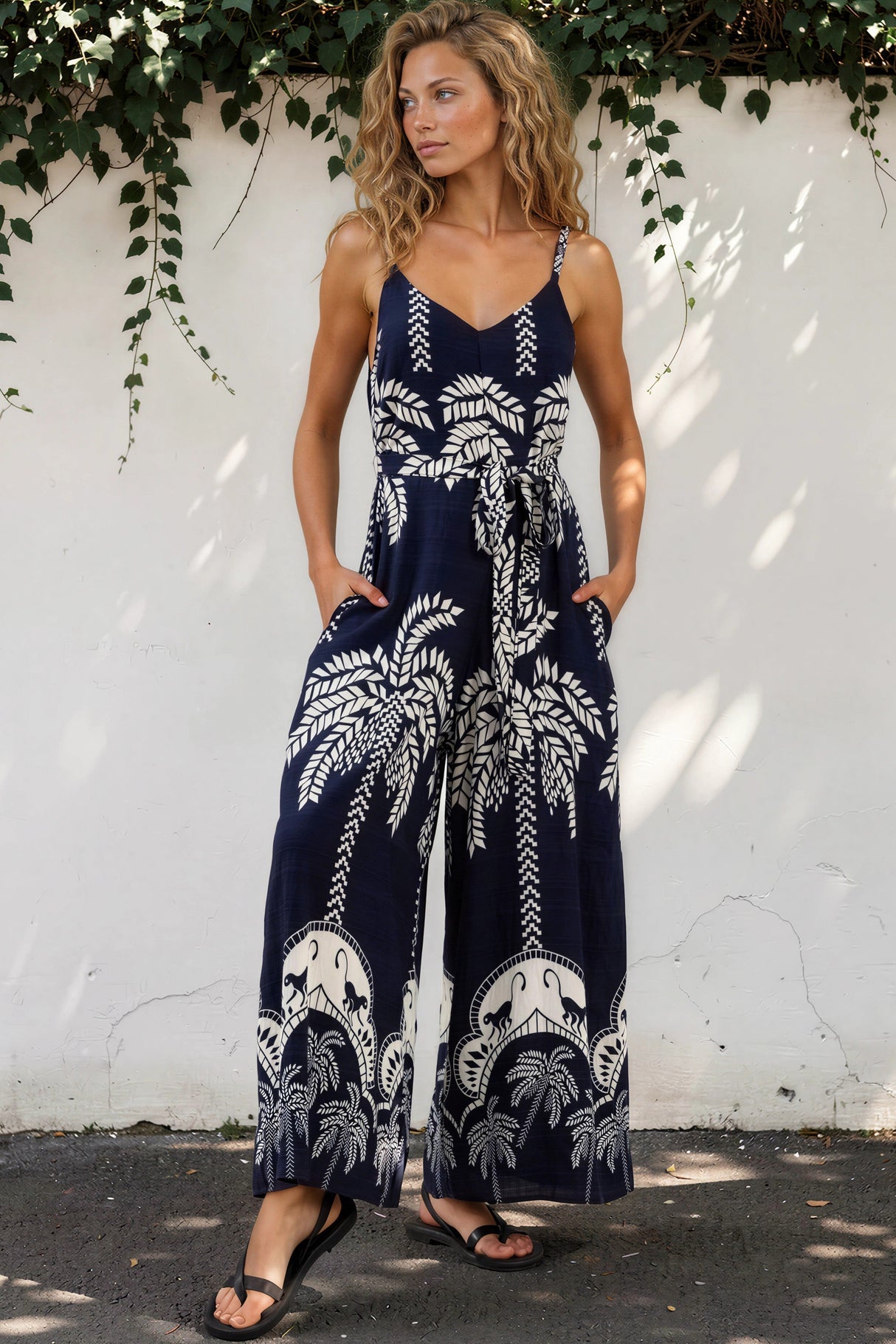 Model wearing Brittany Jumpsuit in Kora Print Navy from Salty Crush
