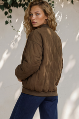 Brixton Jacket -  Round Neck Quilted Bomber Jacket with Zipper & Snap Button Closure in Khaki