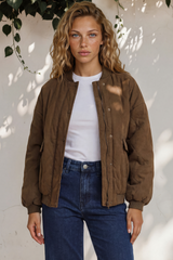 Model wearing Brixton Jacket in Khaki from Salty Crush