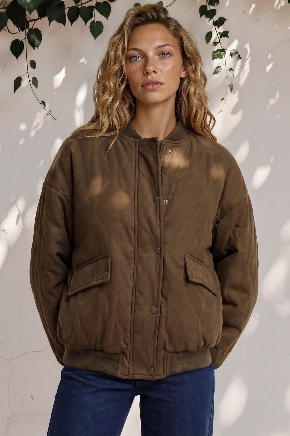 Model wearing Brixton Jacket in Khaki from Salty Crush