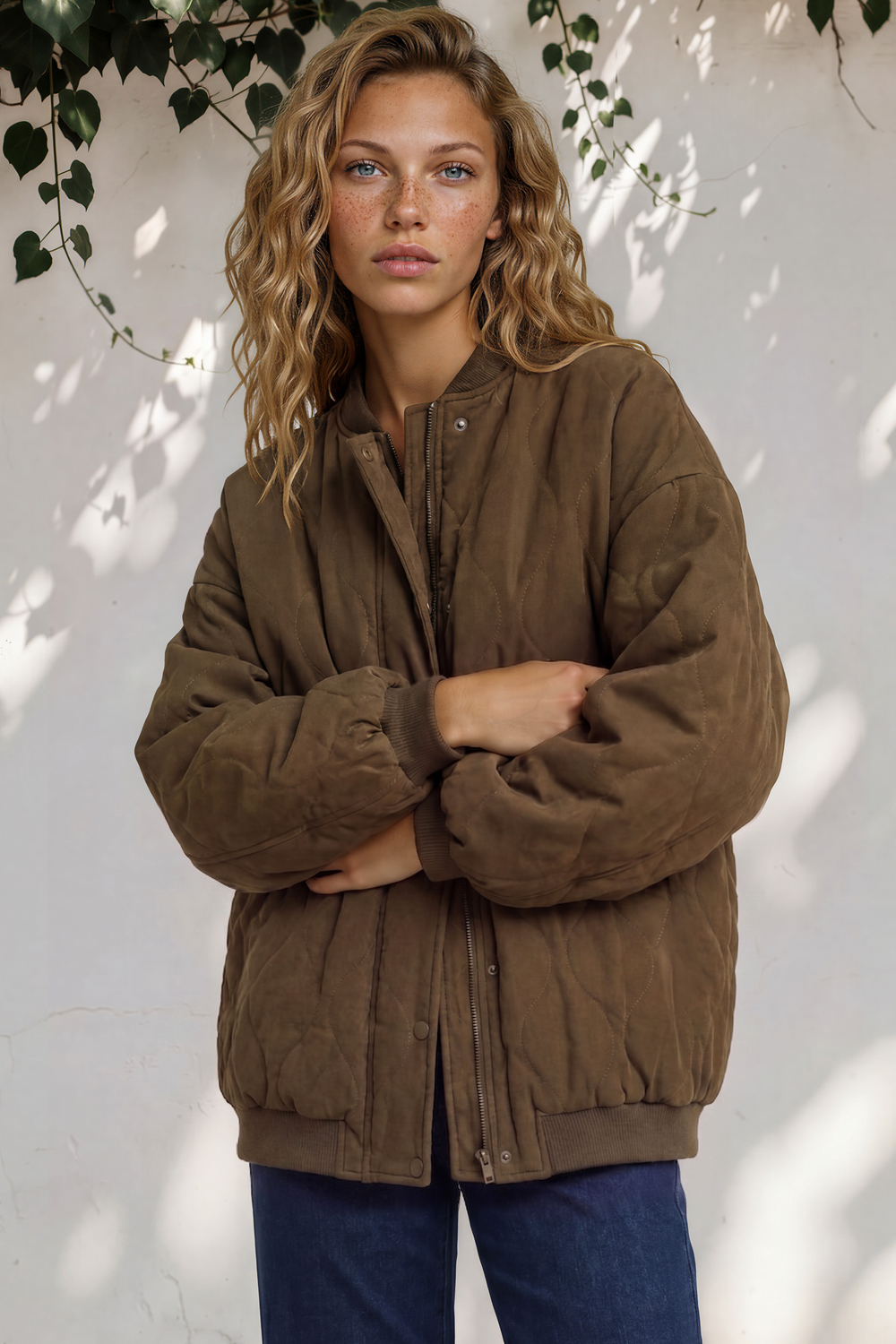 Model wearing Brixton Jacket in Khaki from Salty Crush