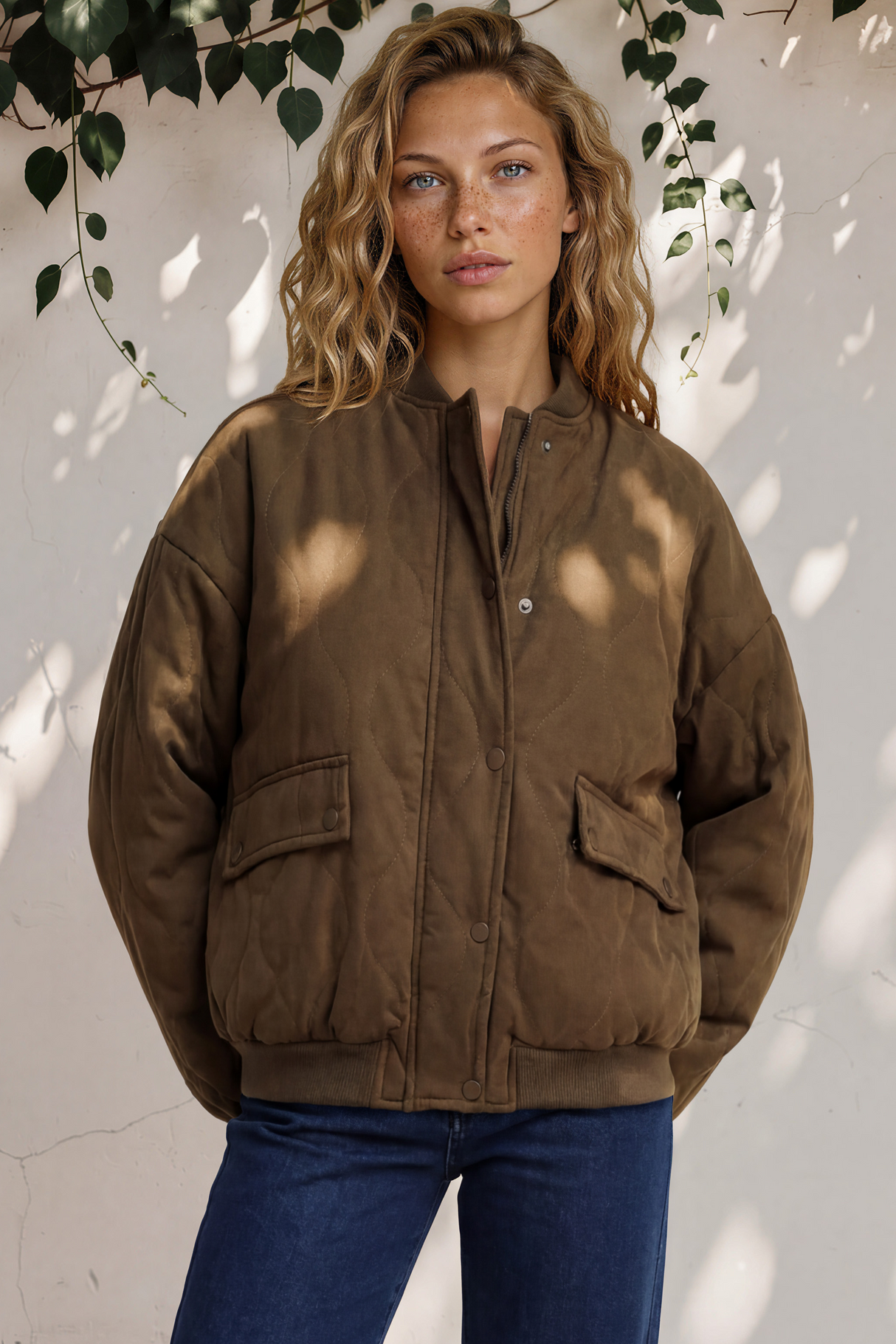 Model wearing Brixton Jacket in Khaki from Salty Crush