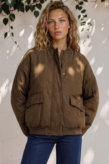 Model wearing Brixton Jacket in Khaki from Salty Crush