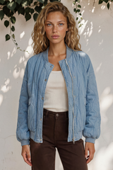 Model wearing Brixton Jacket in Light Denim from Salty Crush