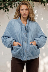 Brixton Jacket -  Round Neck Quilted Bomber Jacket with Zipper & Snap Button Closure in Light Denim
