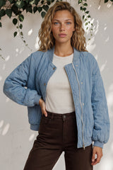 Brixton Jacket -  Round Neck Quilted Bomber Jacket with Zipper & Snap Button Closure in Light Denim