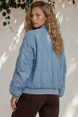 Brixton Jacket -  Round Neck Quilted Bomber Jacket with Zipper & Snap Button Closure in Light Denim