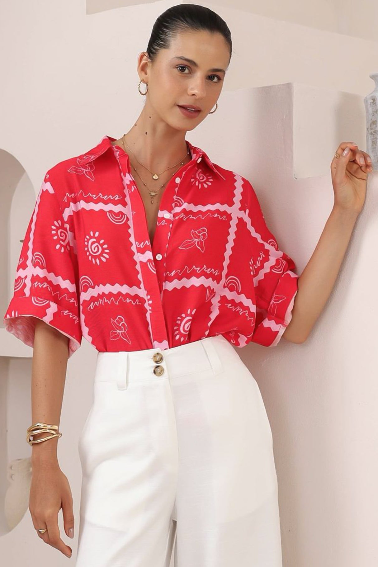 Brodie Shirt - Collared Button Down with Wide Bell Sleeves in Cambria Print