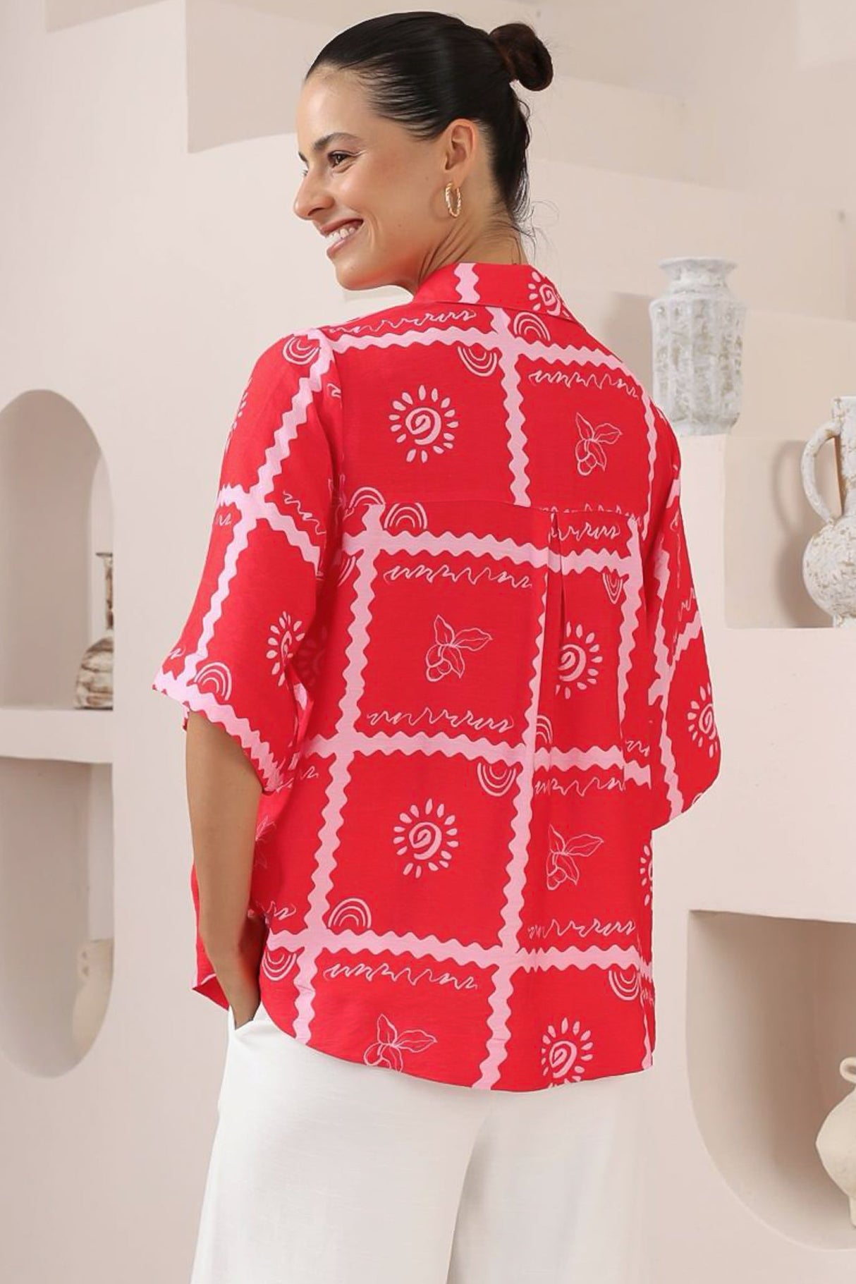 Brodie Shirt - Collared Button Down with Wide Bell Sleeves in Cambria Print