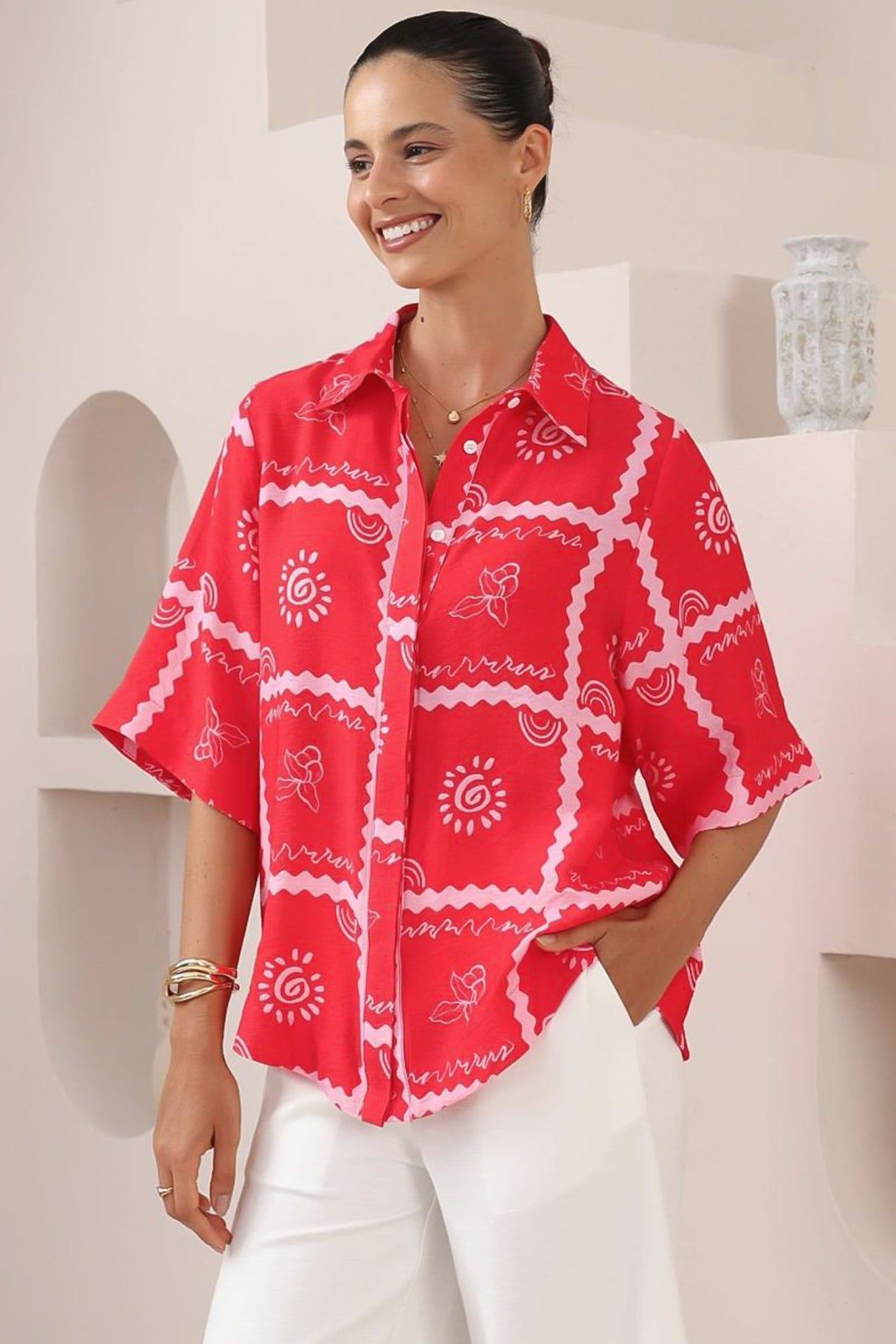 Brodie Shirt - Collared Button Down with Wide Bell Sleeves in Cambria Print