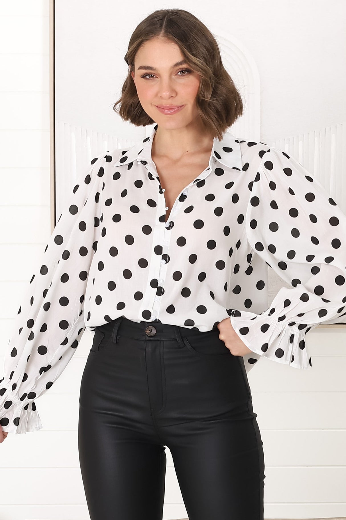 Bronte Blouse - Polka Dot Button Down Cotton Blouse in White and Black