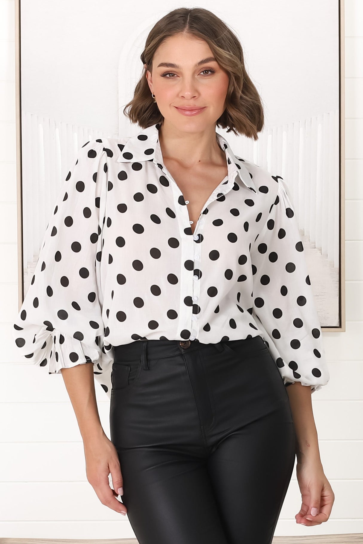 Bronte Blouse - Polka Dot Button Down Cotton Blouse in White and Black