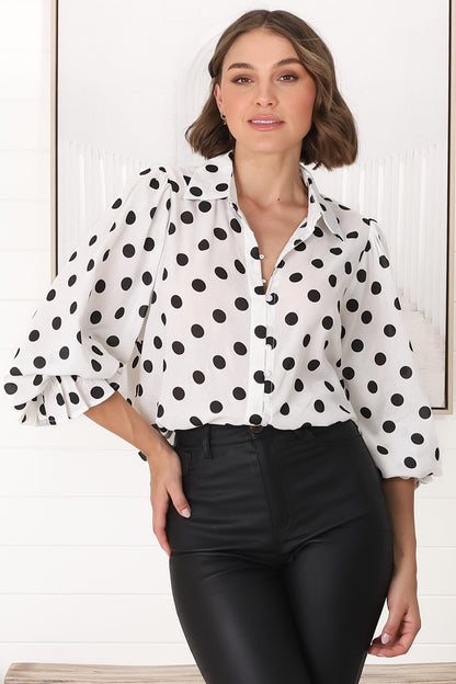 Bronte Blouse - Polka Dot Button Down Cotton Blouse in White and Black
