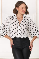 Bronte Blouse - Polka Dot Button Down Cotton Blouse in White and Black