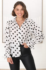 Bronte Blouse - Polka Dot Button Down Cotton Blouse in White and Black