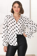 Bronte Blouse - Polka Dot Button Down Cotton Blouse in White and Black