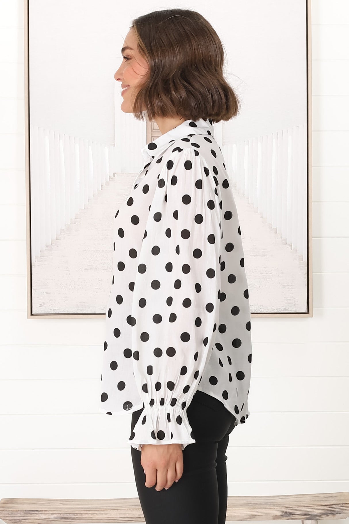 Bronte Blouse - Polka Dot Button Down Cotton Blouse in White and Black