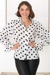 Bronte Blouse - Polka Dot Button Down Cotton Blouse in White and Black