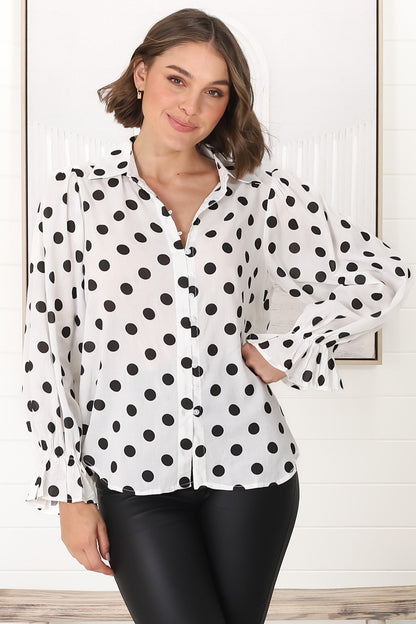 Bronte Blouse - Polka Dot Button Down Cotton Blouse in White and Black