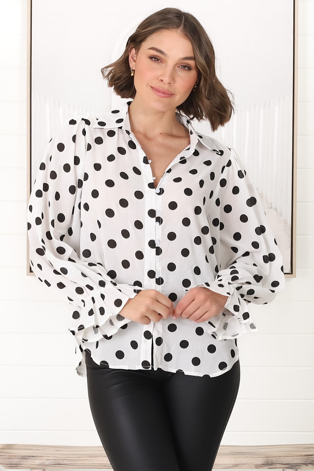 Bronte Blouse - Polka Dot Button Down Cotton Blouse in White and Black