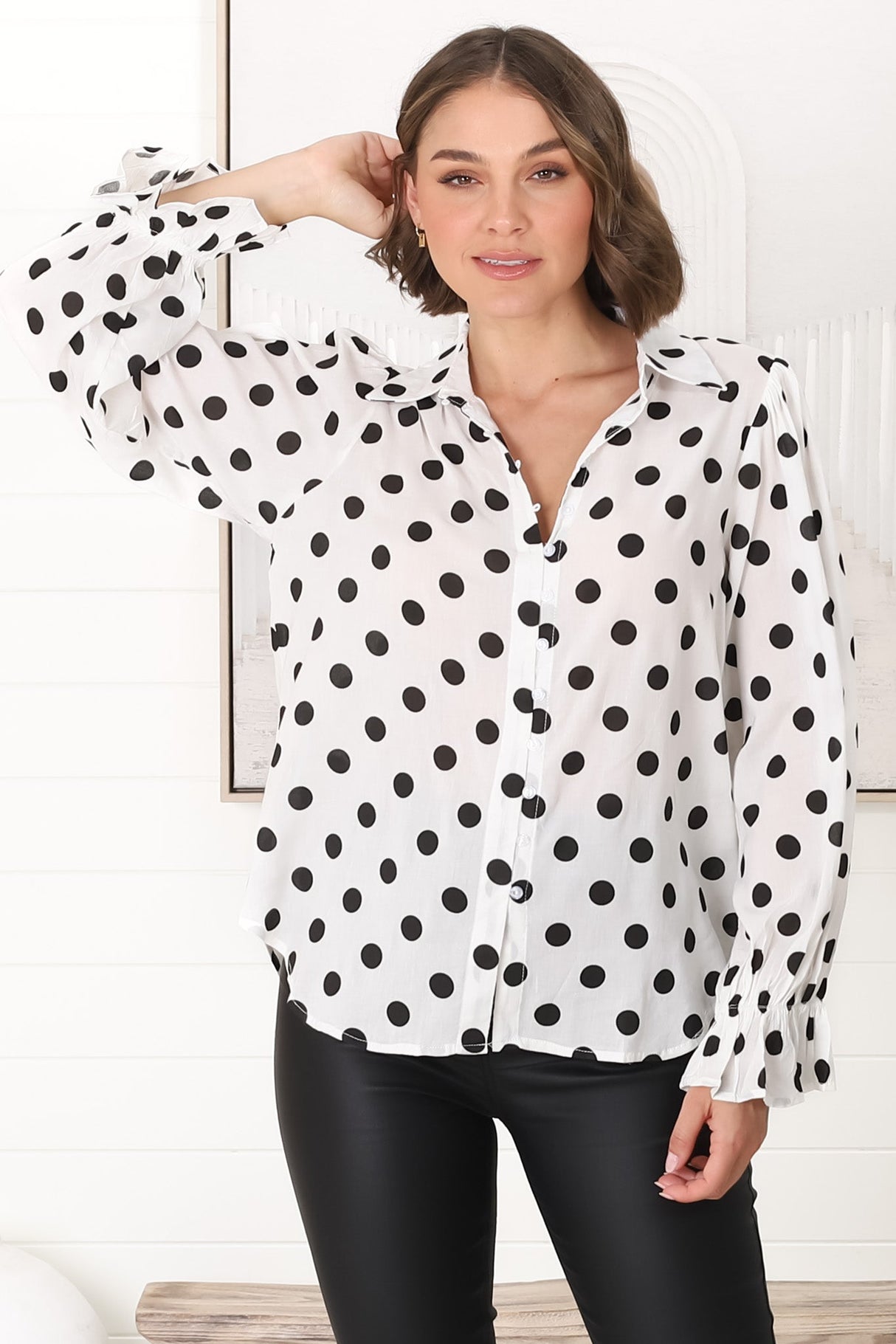 Bronte Blouse - Polka Dot Button Down Cotton Blouse in White and Black