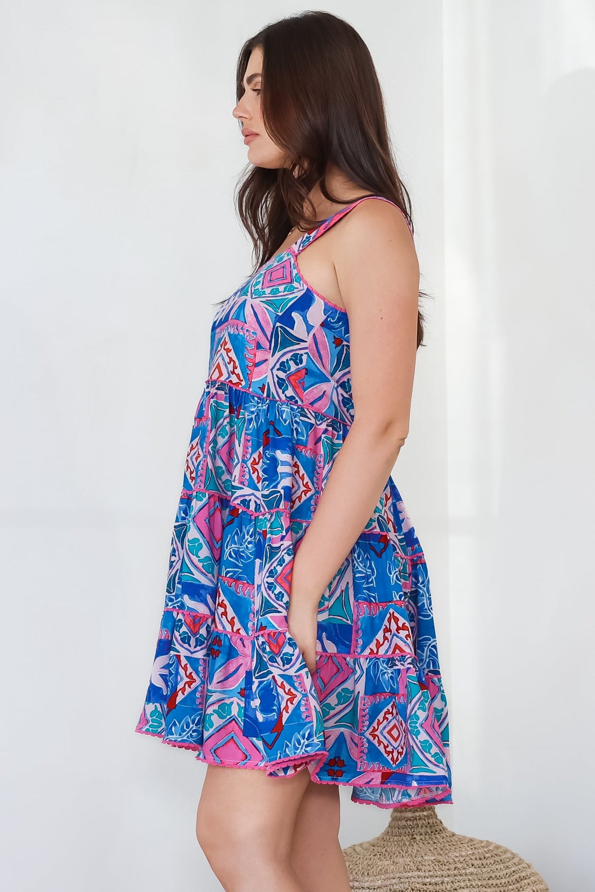 Bronte Mini Dress - Scallop Trim Tiered Sun Dress in Nelly Print