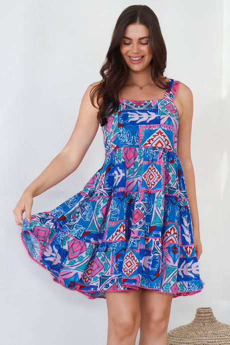 Bronte Mini Dress - Scallop Trim Tiered Sun Dress in Nelly Print