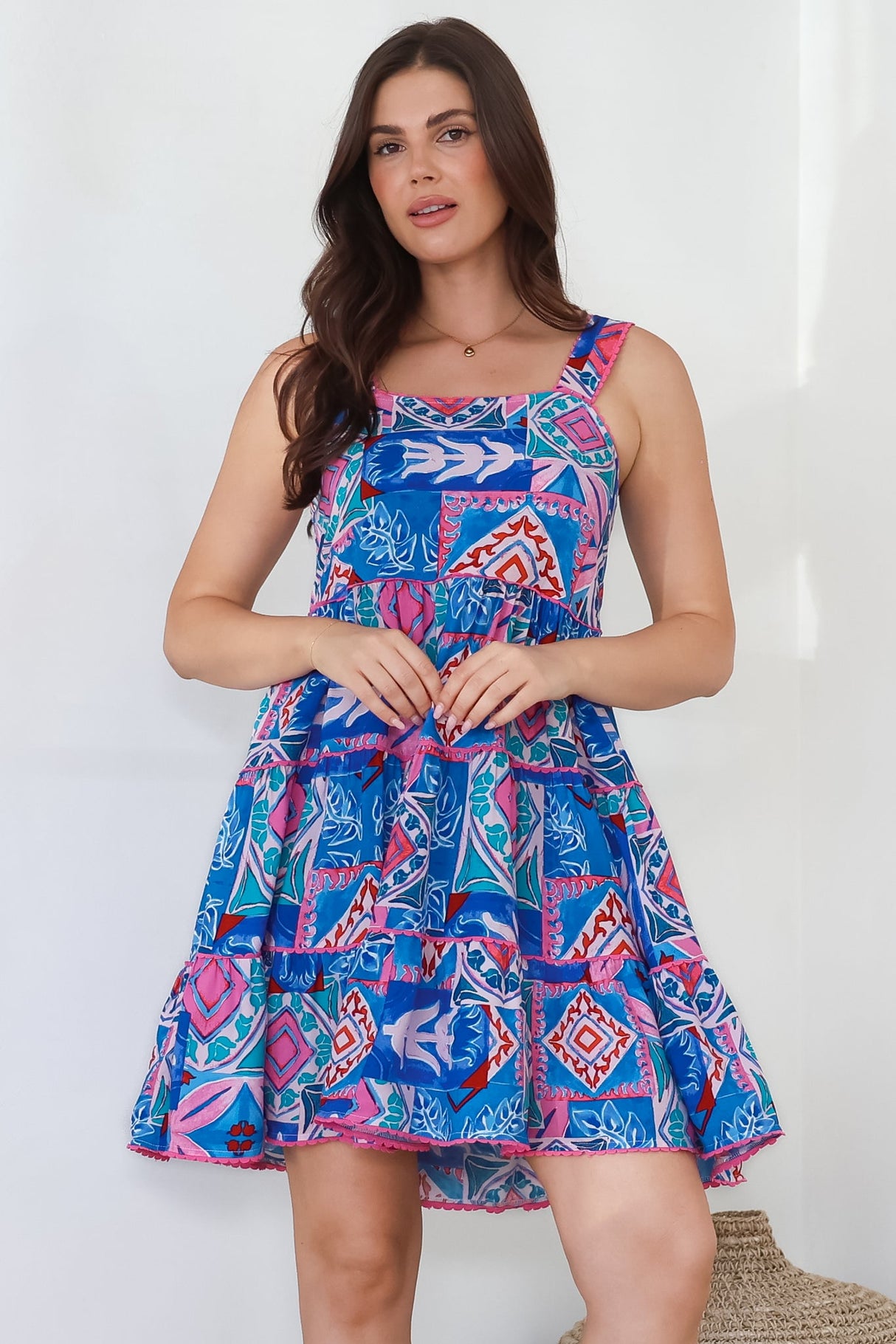 Bronte Mini Dress - Scallop Trim Tiered Sun Dress in Nelly Print