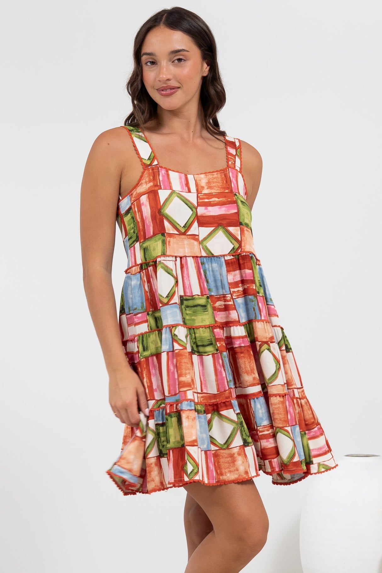 Bronte Mini Dress - Scallop Trim Tiered Sun Dress in Tami Print