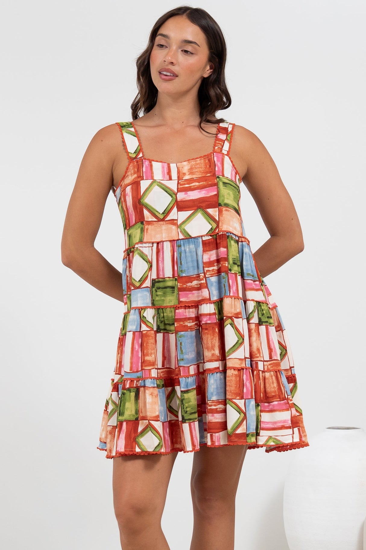 Bronte Mini Dress - Scallop Trim Tiered Sun Dress in Tami Print