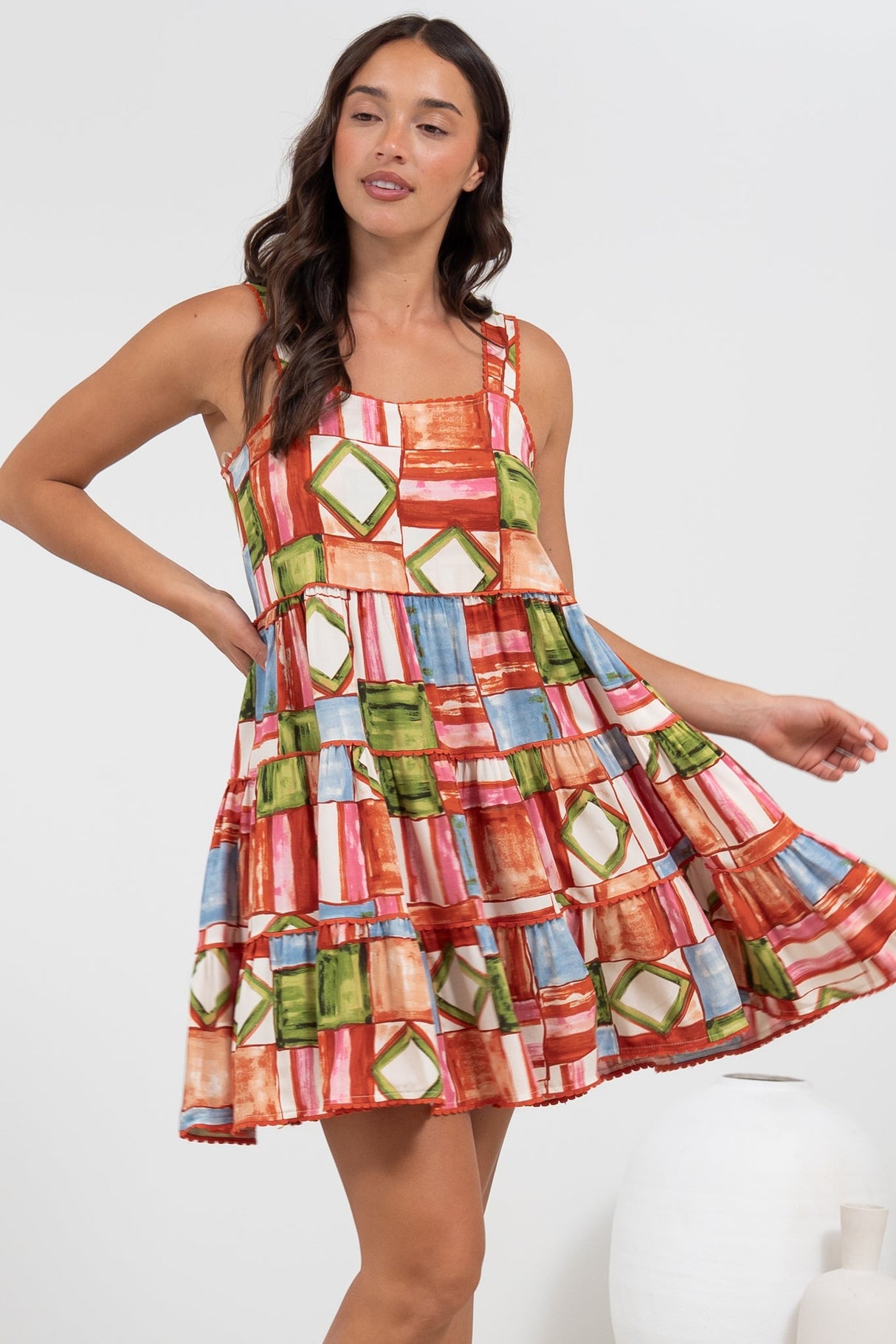 Bronte Mini Dress - Scallop Trim Tiered Sun Dress in Tami Print