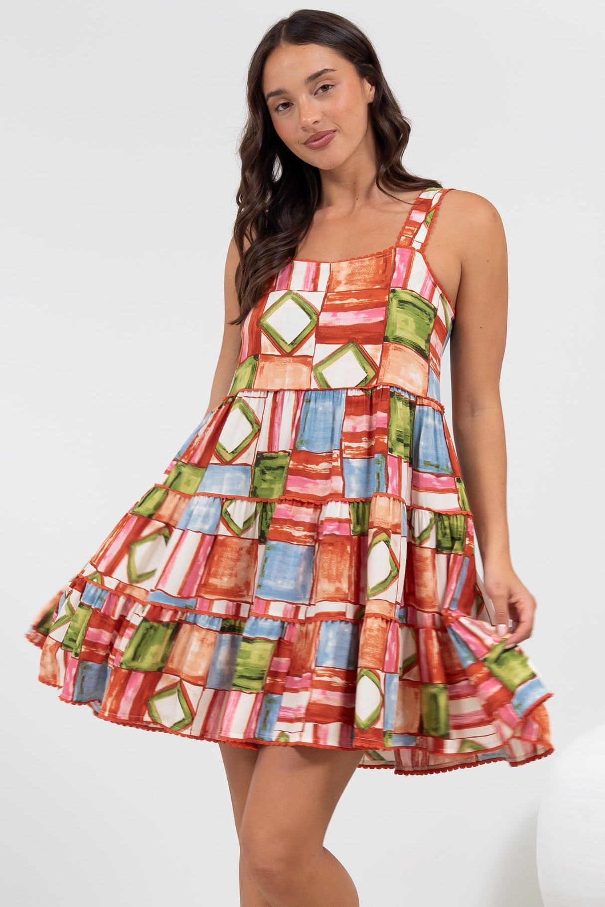 Bronte Mini Dress - Scallop Trim Tiered Sun Dress in Tami Print