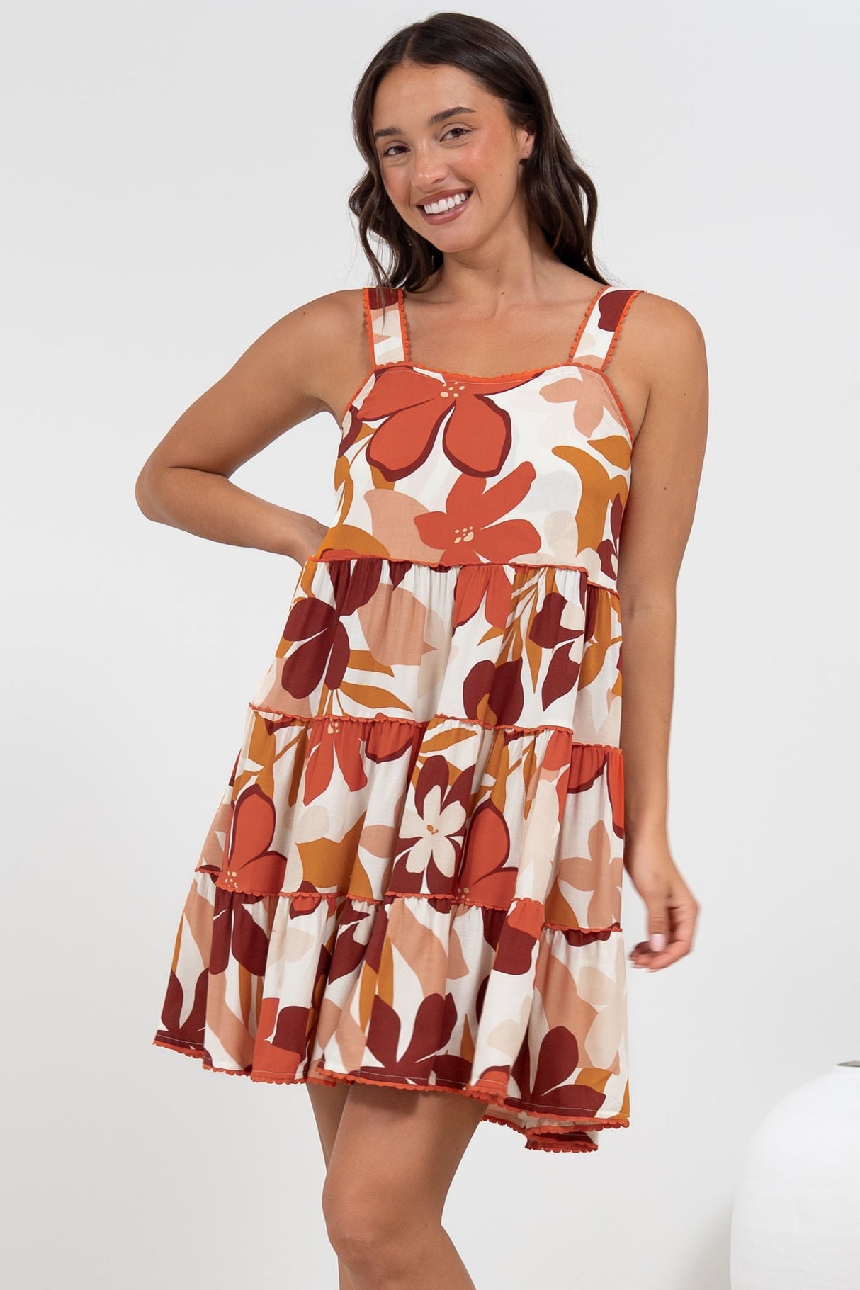 Bronte Mini Dress - Scallop Trim Tiered Sun Dress in Tangie Print
