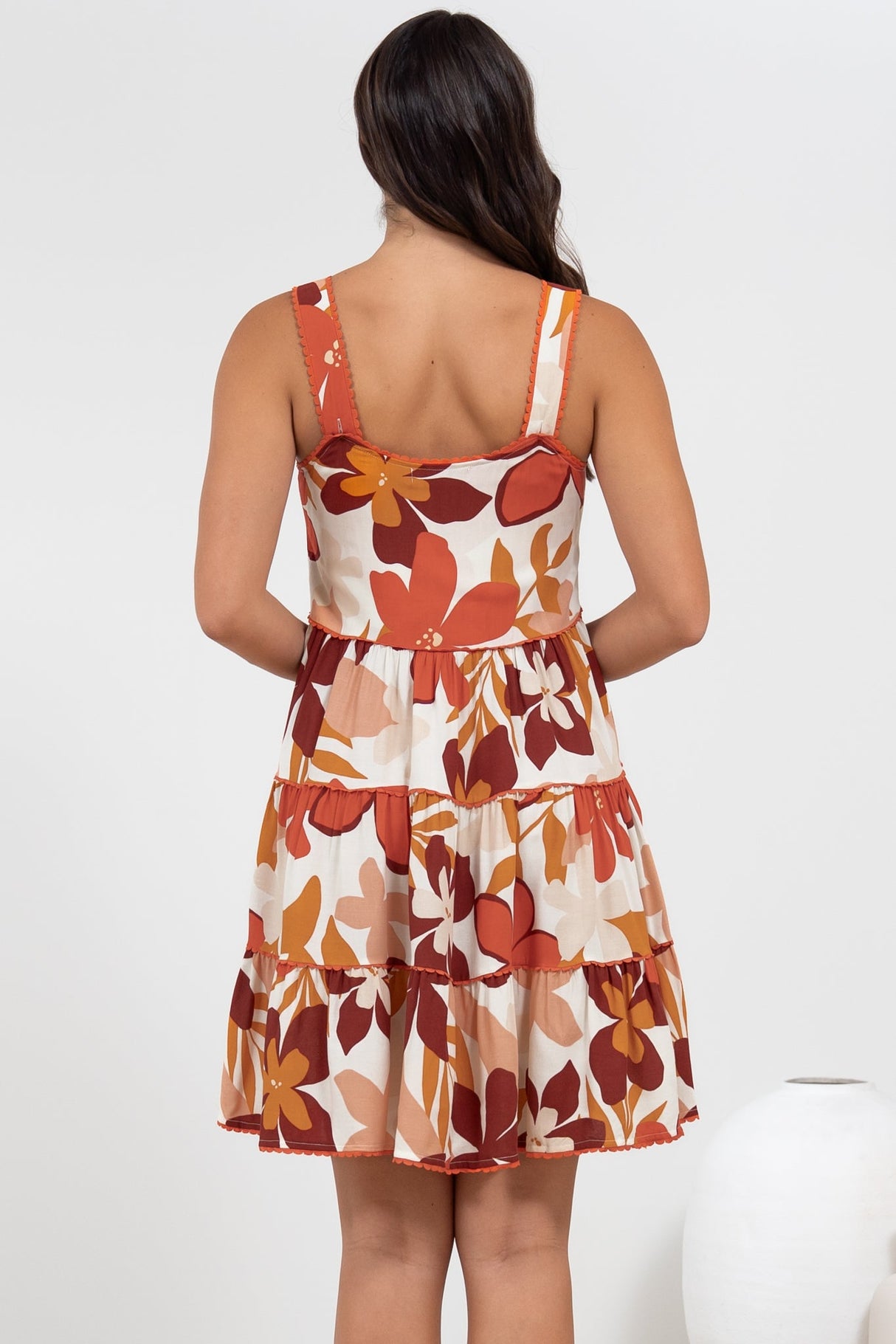 Bronte Mini Dress - Scallop Trim Tiered Sun Dress in Tangie Print