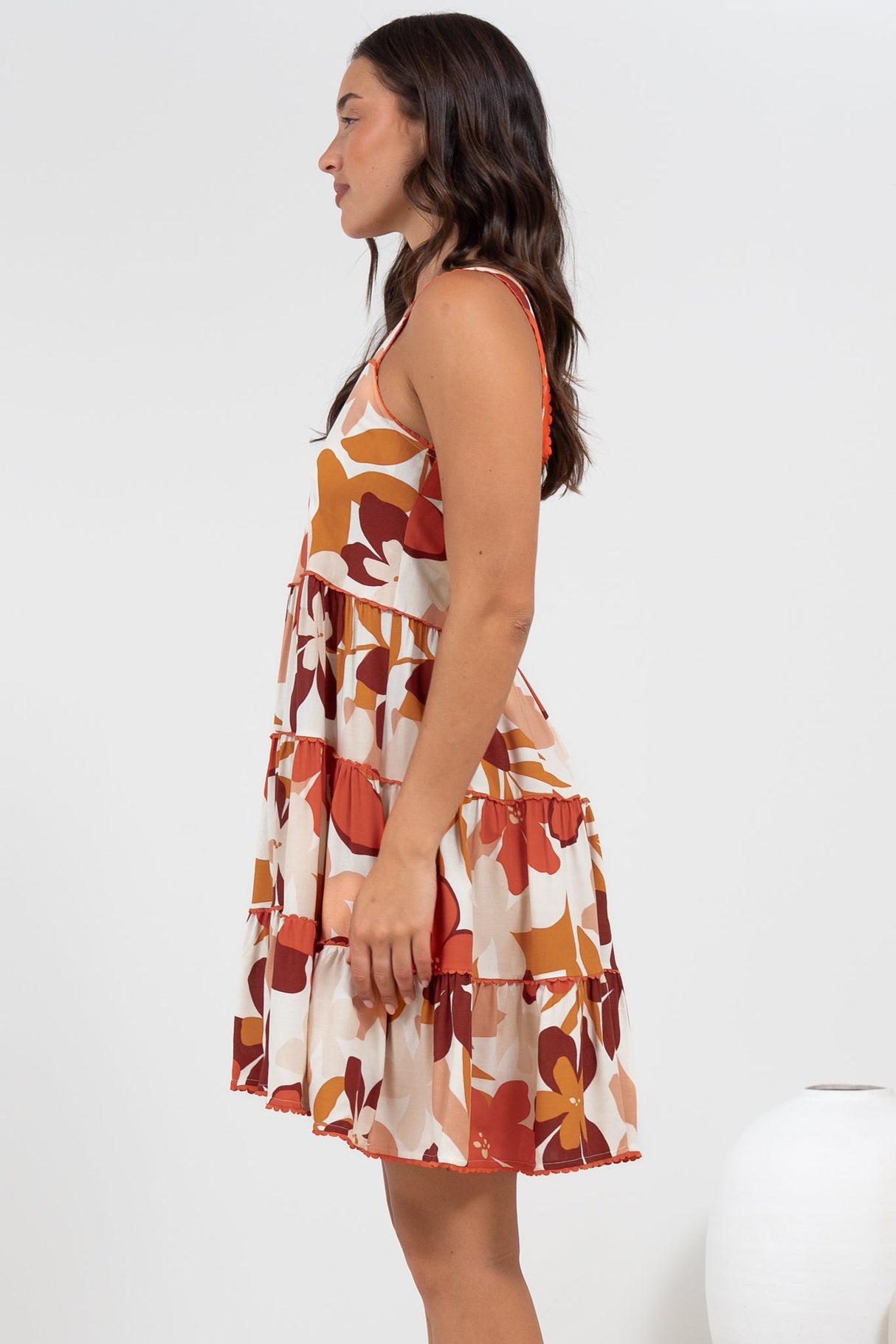 Bronte Mini Dress - Scallop Trim Tiered Sun Dress in Tangie Print
