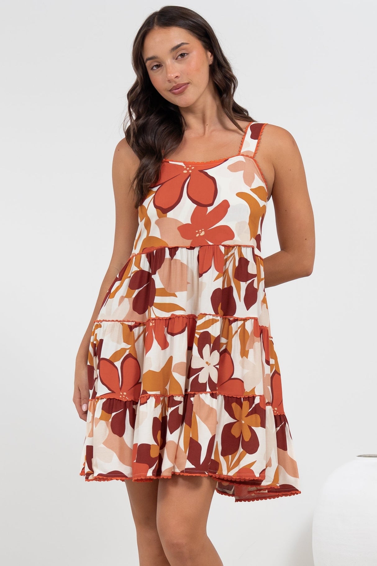 Bronte Mini Dress - Scallop Trim Tiered Sun Dress in Tangie Print