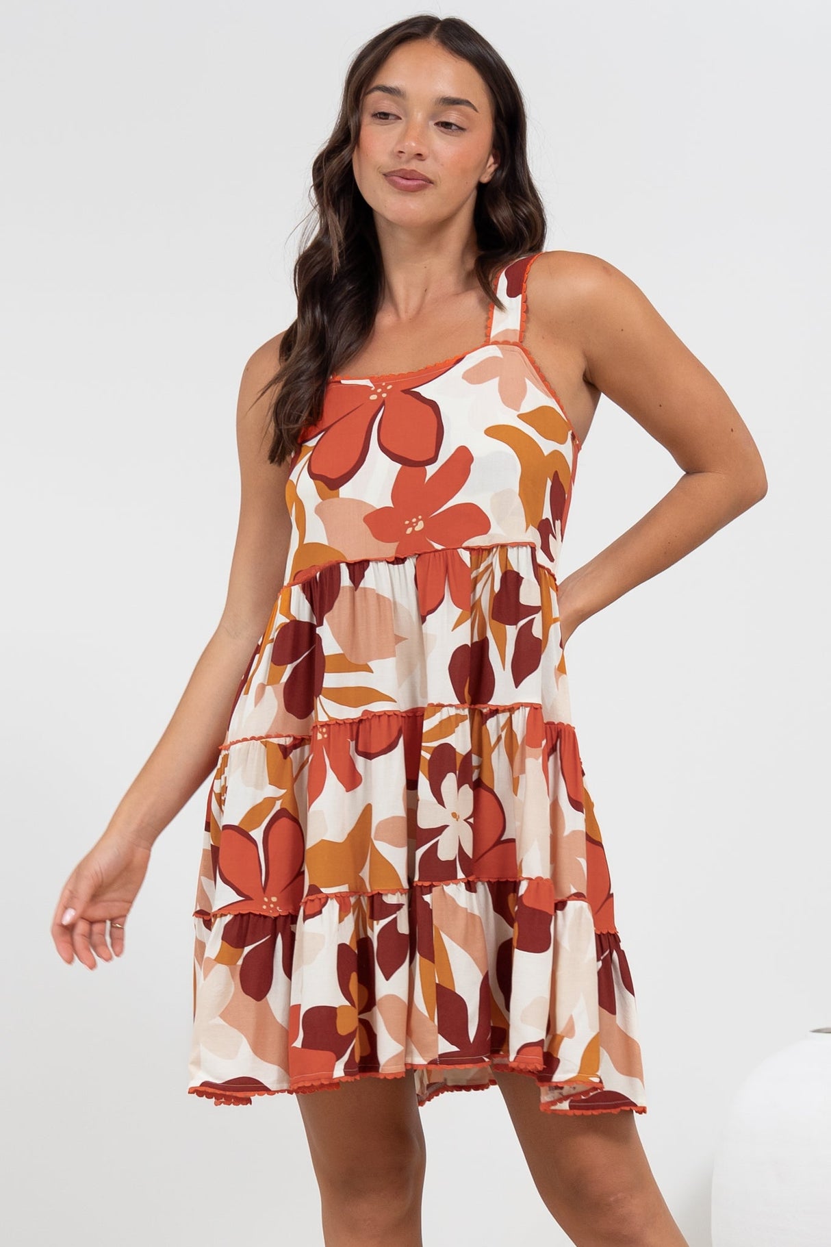 Bronte Mini Dress - Scallop Trim Tiered Sun Dress in Tangie Print