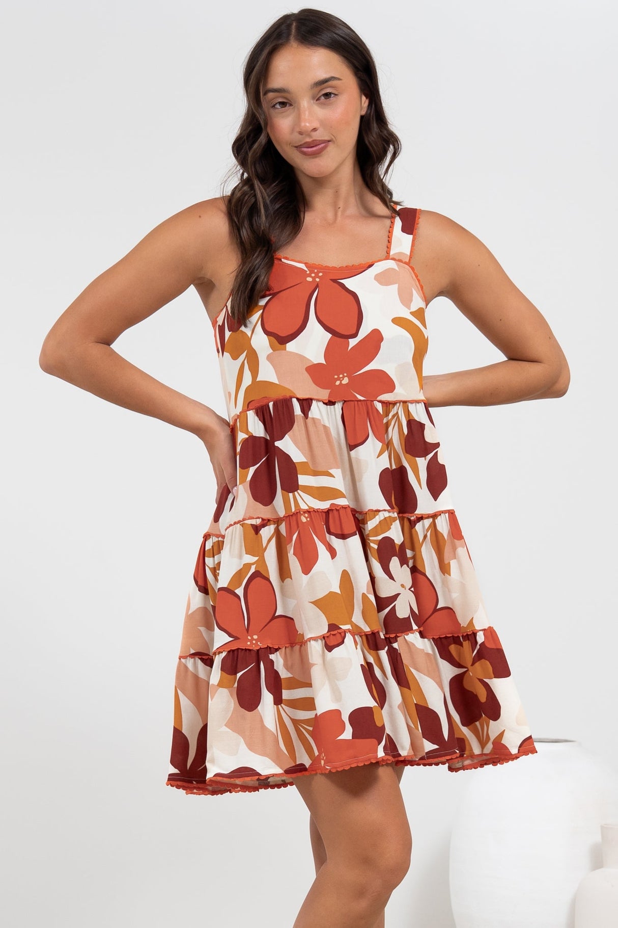 Bronte Mini Dress - Scallop Trim Tiered Sun Dress in Tangie Print