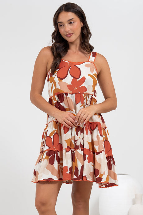 Bronte Mini Dress - Scallop Trim Tiered Sun Dress in Tangie Print