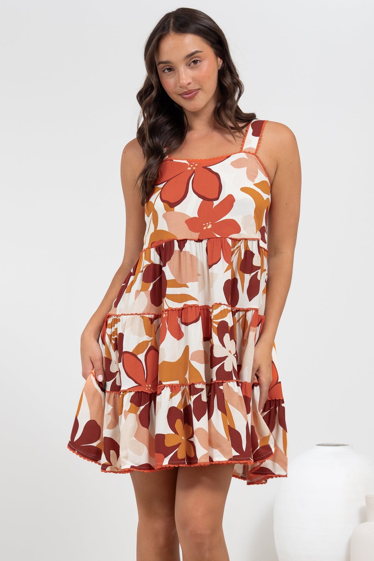 Bronte Mini Dress - Scallop Trim Tiered Sun Dress in Tangie Print