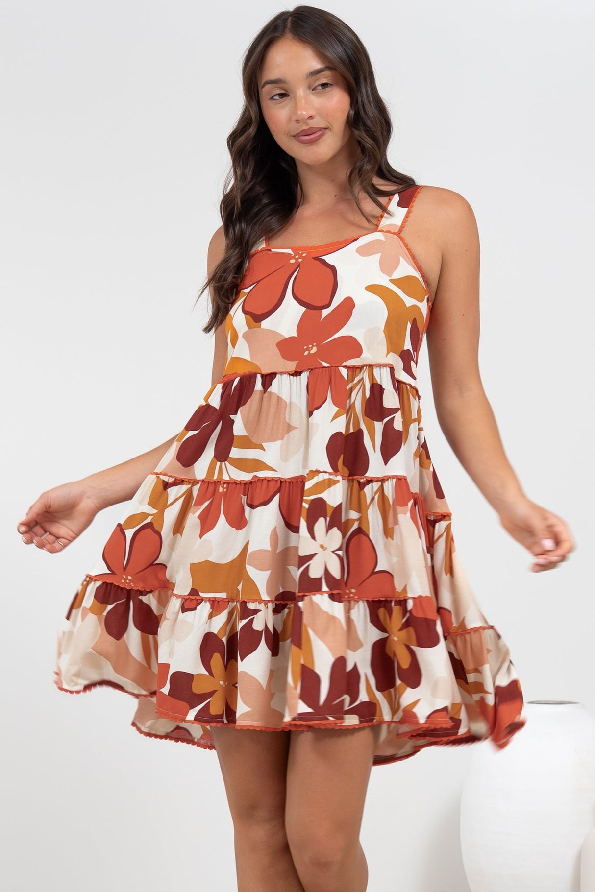 Bronte Mini Dress - Scallop Trim Tiered Sun Dress in Tangie Print