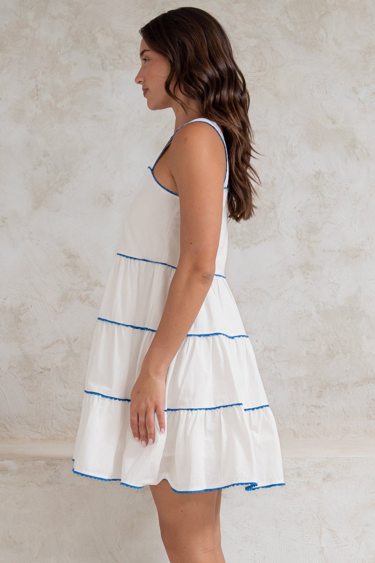 Bronte Mini Dress - Scallop Trim Tiered Sun Dress in White