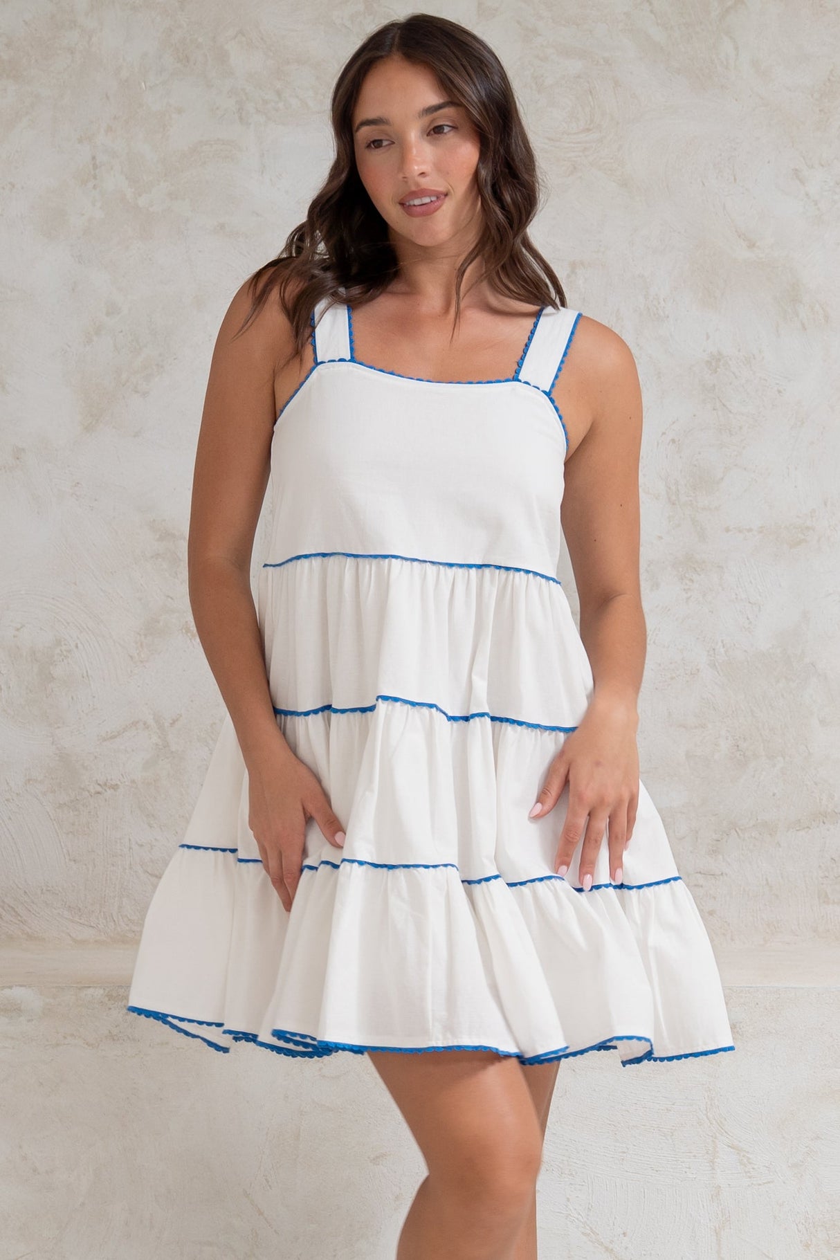 Bronte Mini Dress - Scallop Trim Tiered Sun Dress in White