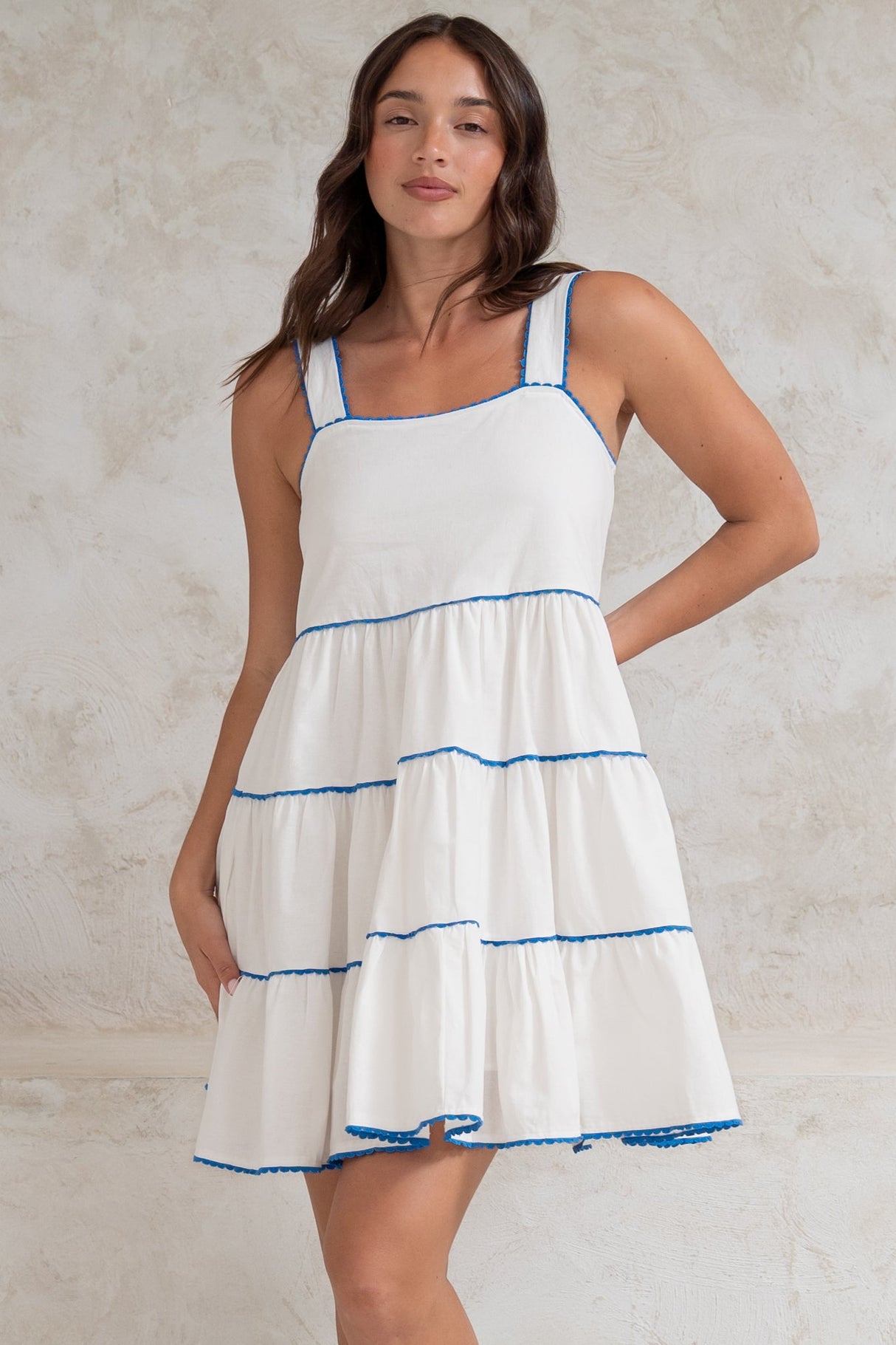 Bronte Mini Dress - Scallop Trim Tiered Sun Dress in White