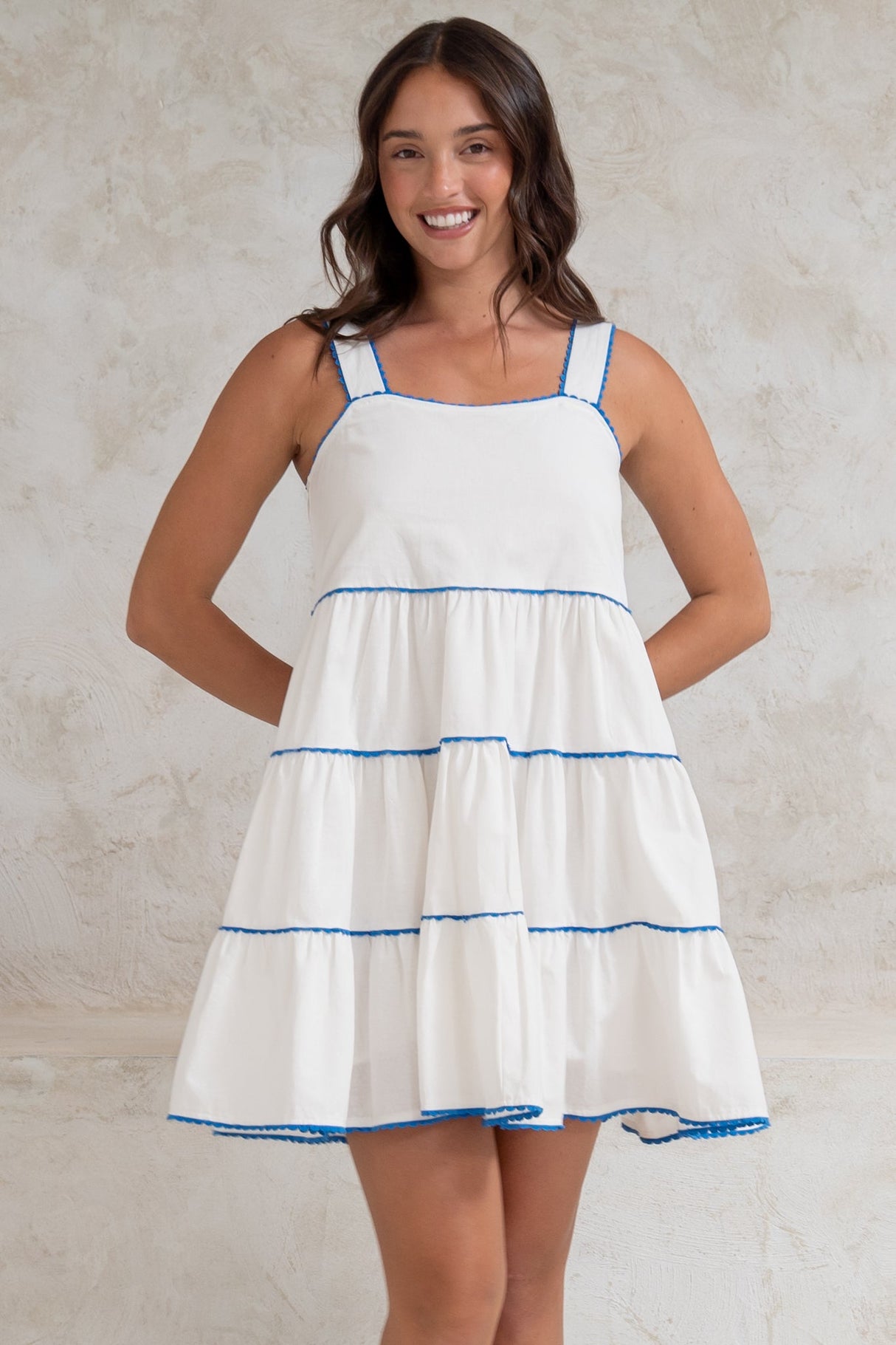Bronte Mini Dress - Scallop Trim Tiered Sun Dress in White
