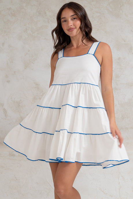 Bronte Mini Dress - Scallop Trim Tiered Sun Dress in White