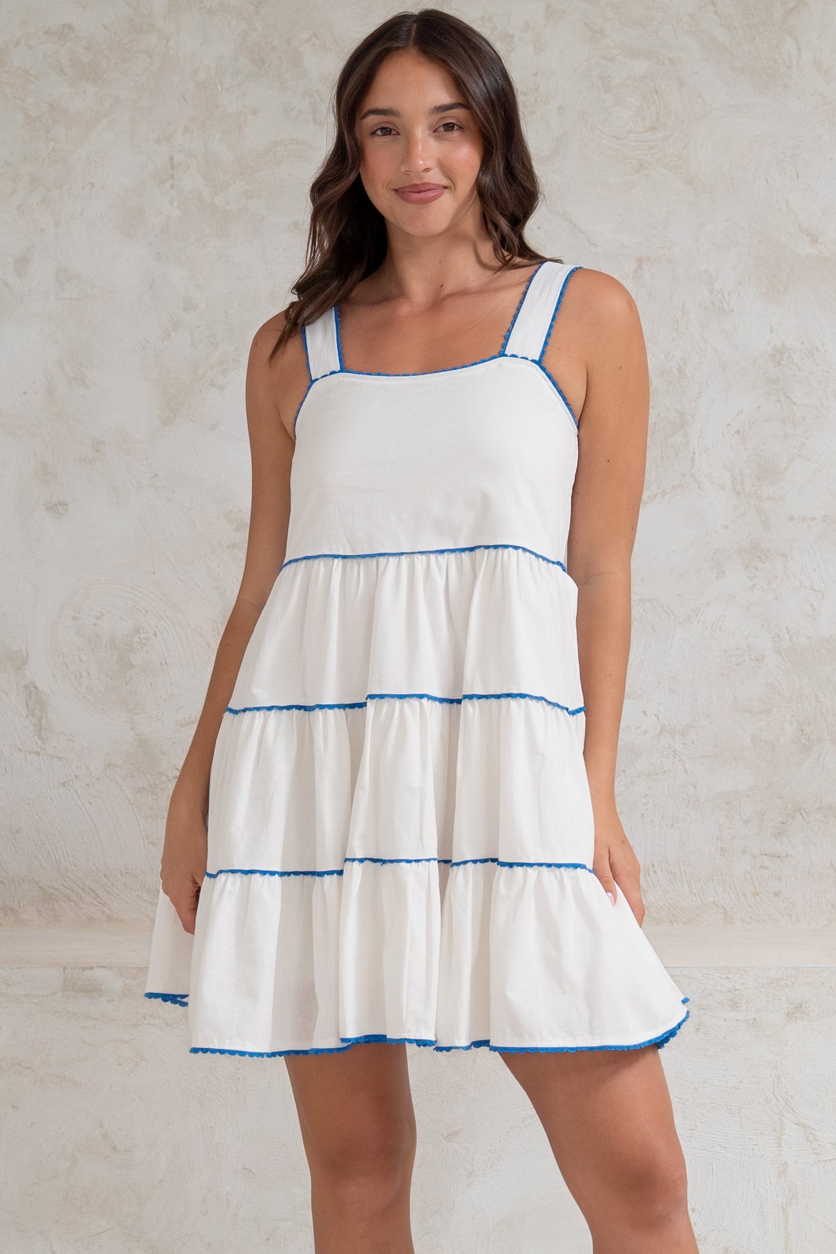 Bronte Mini Dress - Scallop Trim Tiered Sun Dress in White
